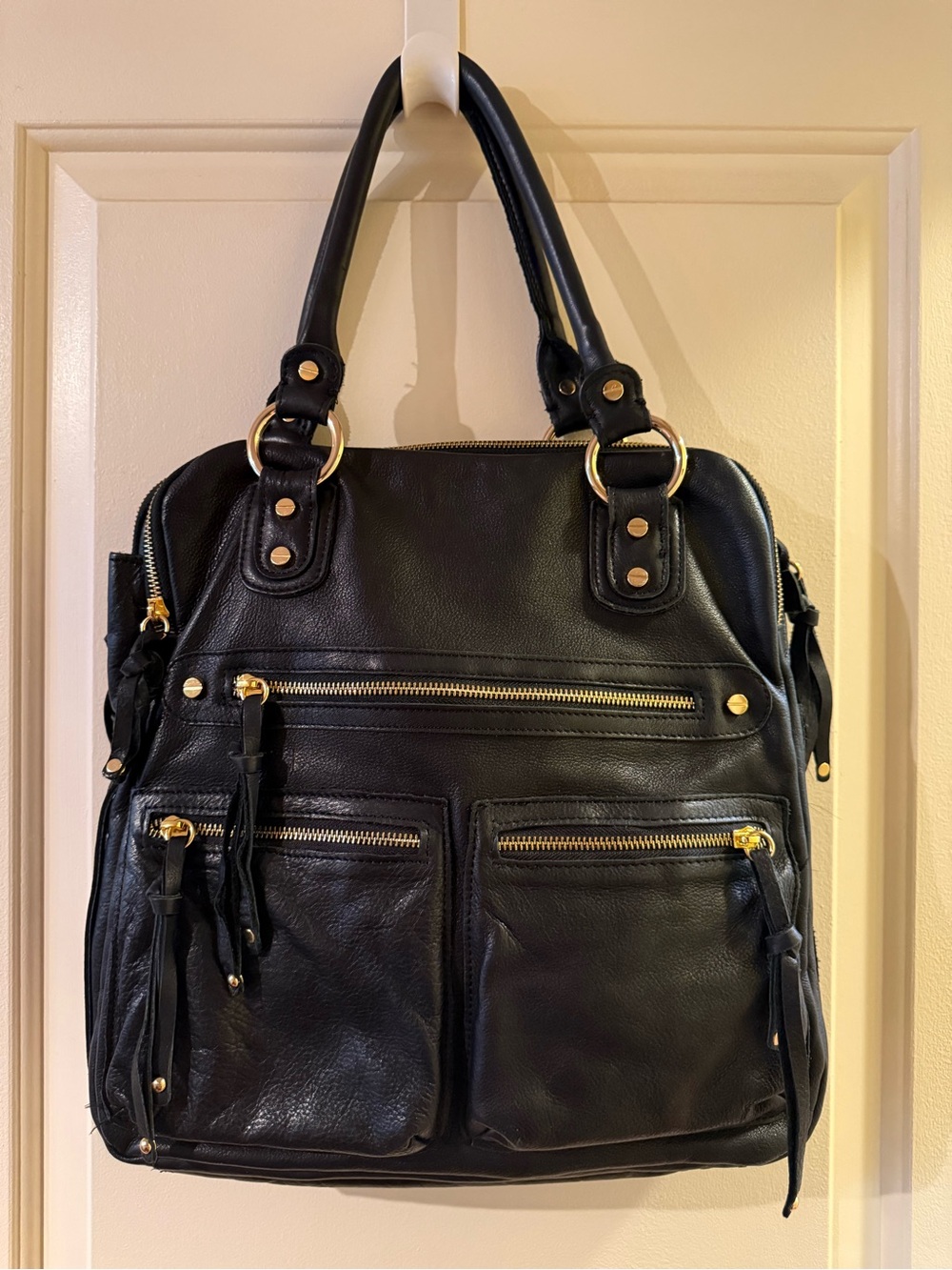 Like New - Black Leather Tote Bag with Gold Hardware